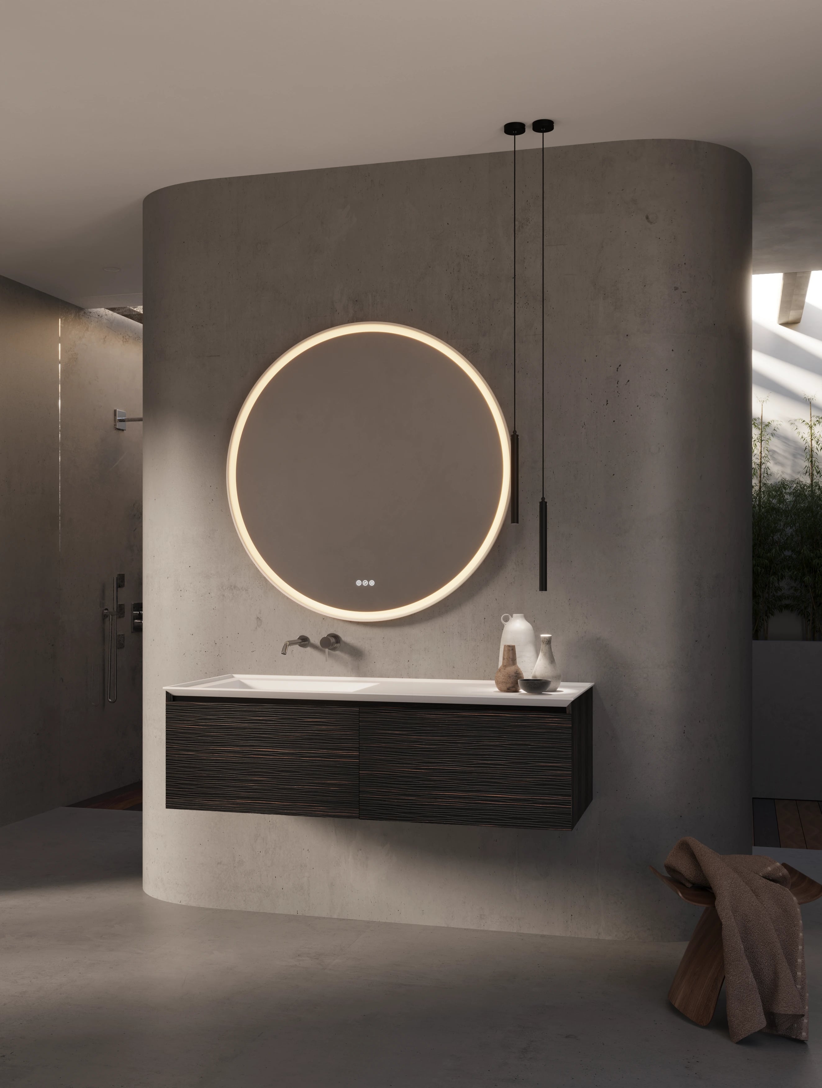 Met aandacht voor elk detail brengt de Trésore collectie je royale badkamermeubels met verfijnde 45 graden detaillering, afgewerkt met luxe Italiaans Alpi massief houtfineer. Fronten met reliëf zijn voorzien van elegante golfpatronen.