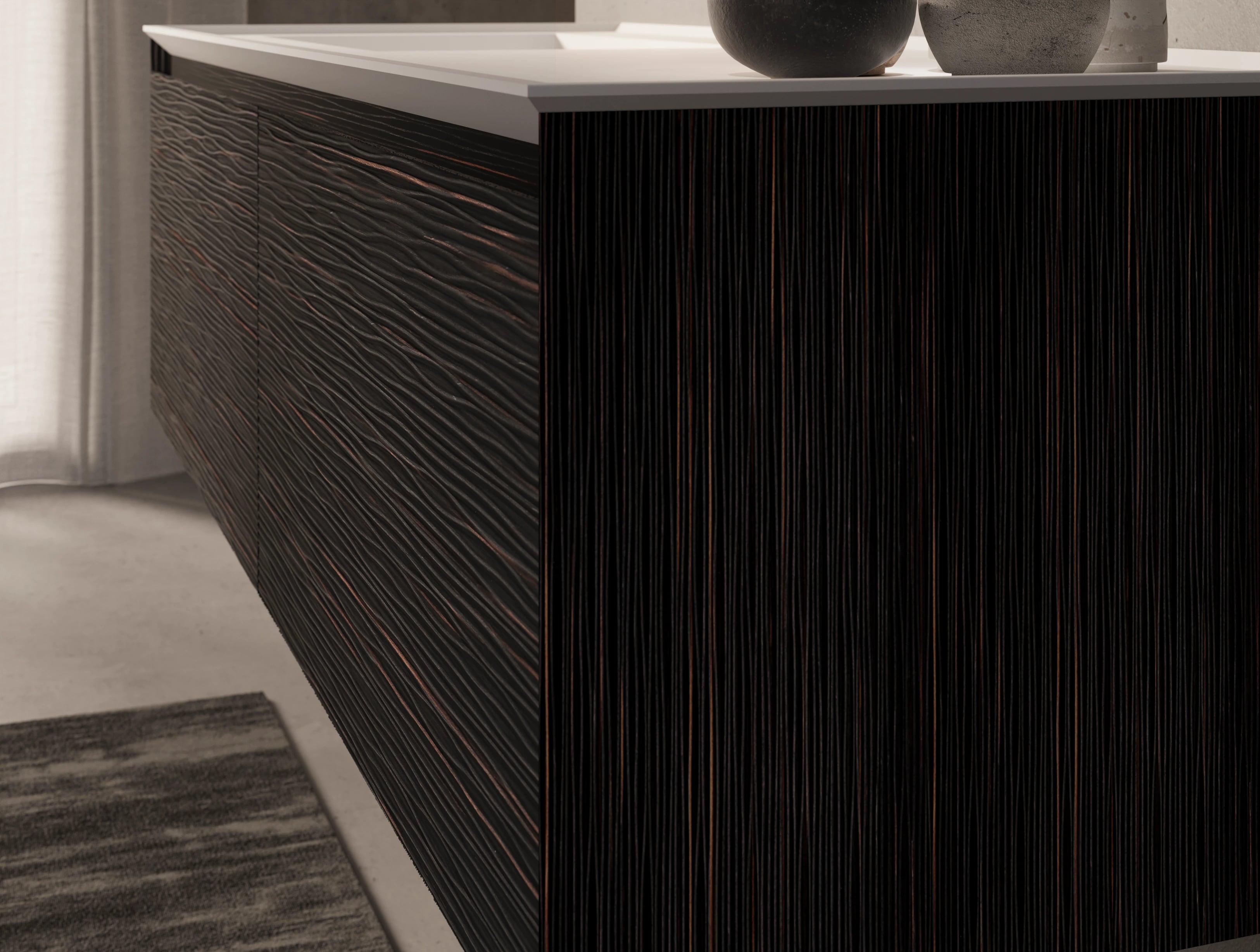 Breedte: 140, 220 cm · Diepte: 55 cm · Hoogte: 41.5 cm · Materiaal: Italiaans Alpi massief houtfineer · Wastafelblad: Solid surface
