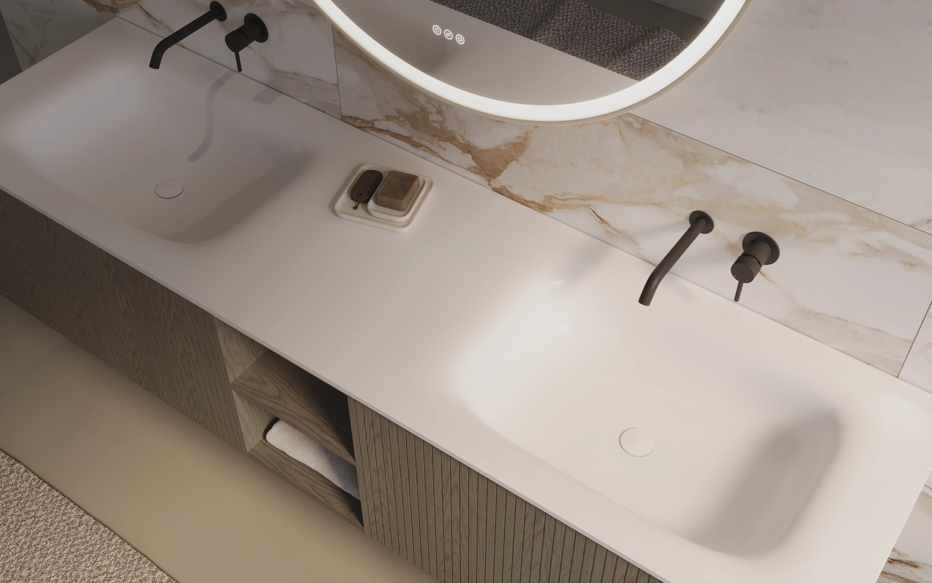 Strakke badkamermeubels afgewerkt met een prachtig licht natuurlijk eiken fineer, versierd met zachte eigentijdse lijnen. Push-open lades voor een naadloze uitstraling.