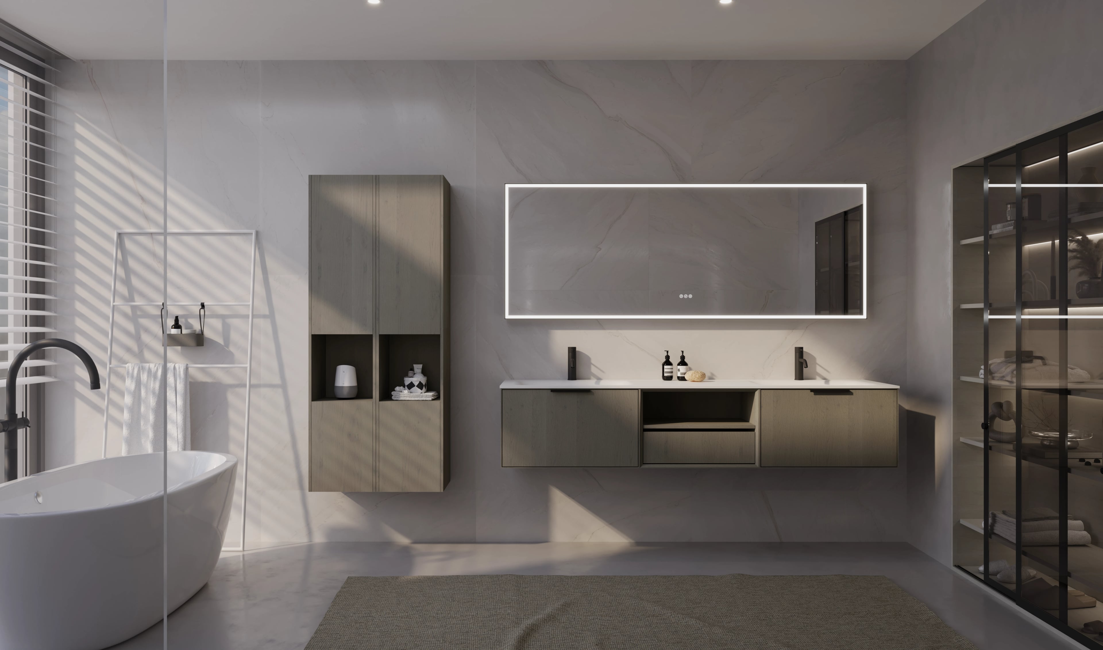 Geraffineerd badkamermeubelontwerp met een middenopening in verstek van 45 graden en een klassieke afwerking van Italiaans eikenfineer. Omvat drie lades en een nis, aangevuld met matzwarte opbouwgrepen.