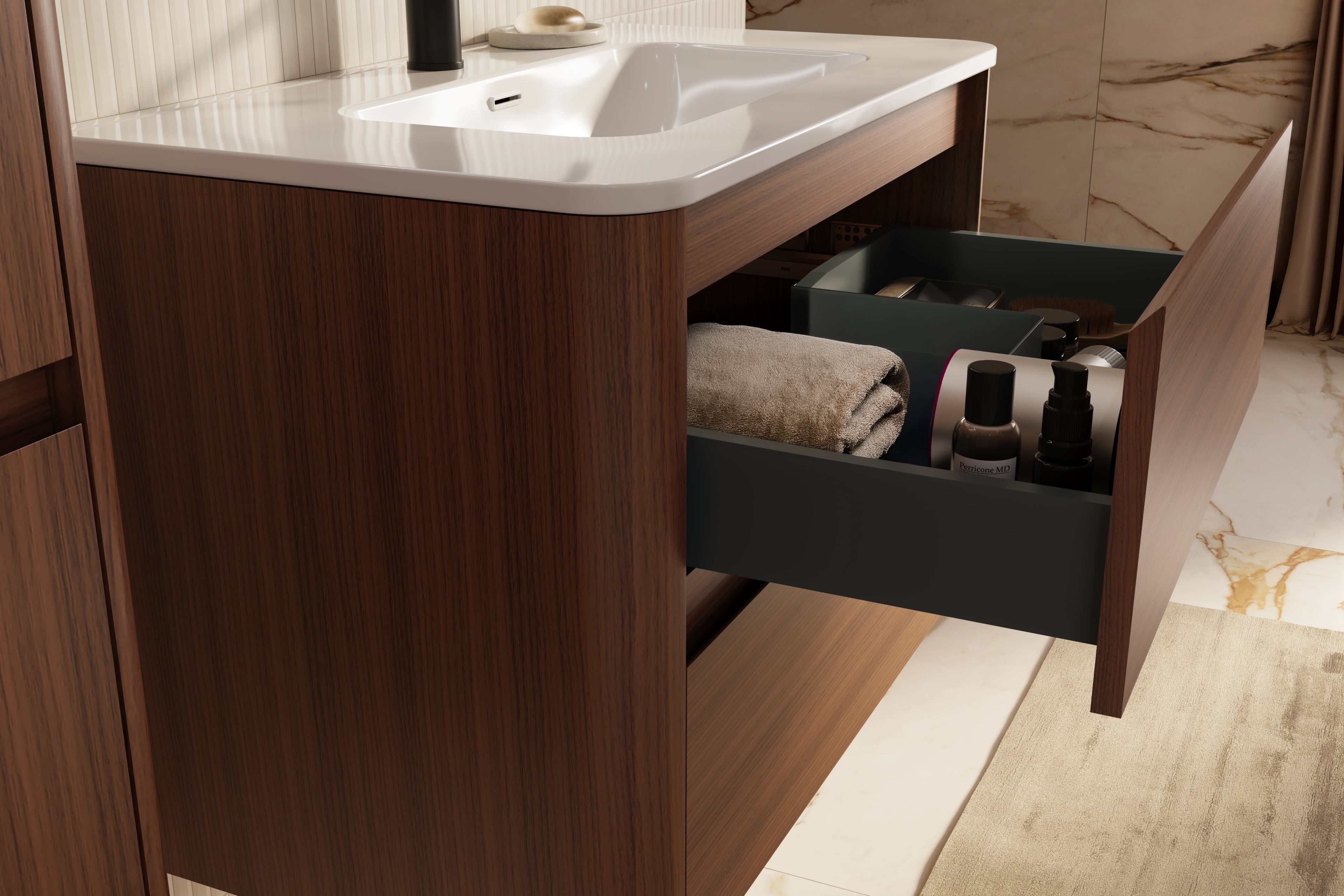 Met zachte, afgeronde vormen is deze serie perfect voor de stijlvolle badkamer. Zachte afgeronde vormen, dunne keramische wastafel en hoogwaardig houtfineer.