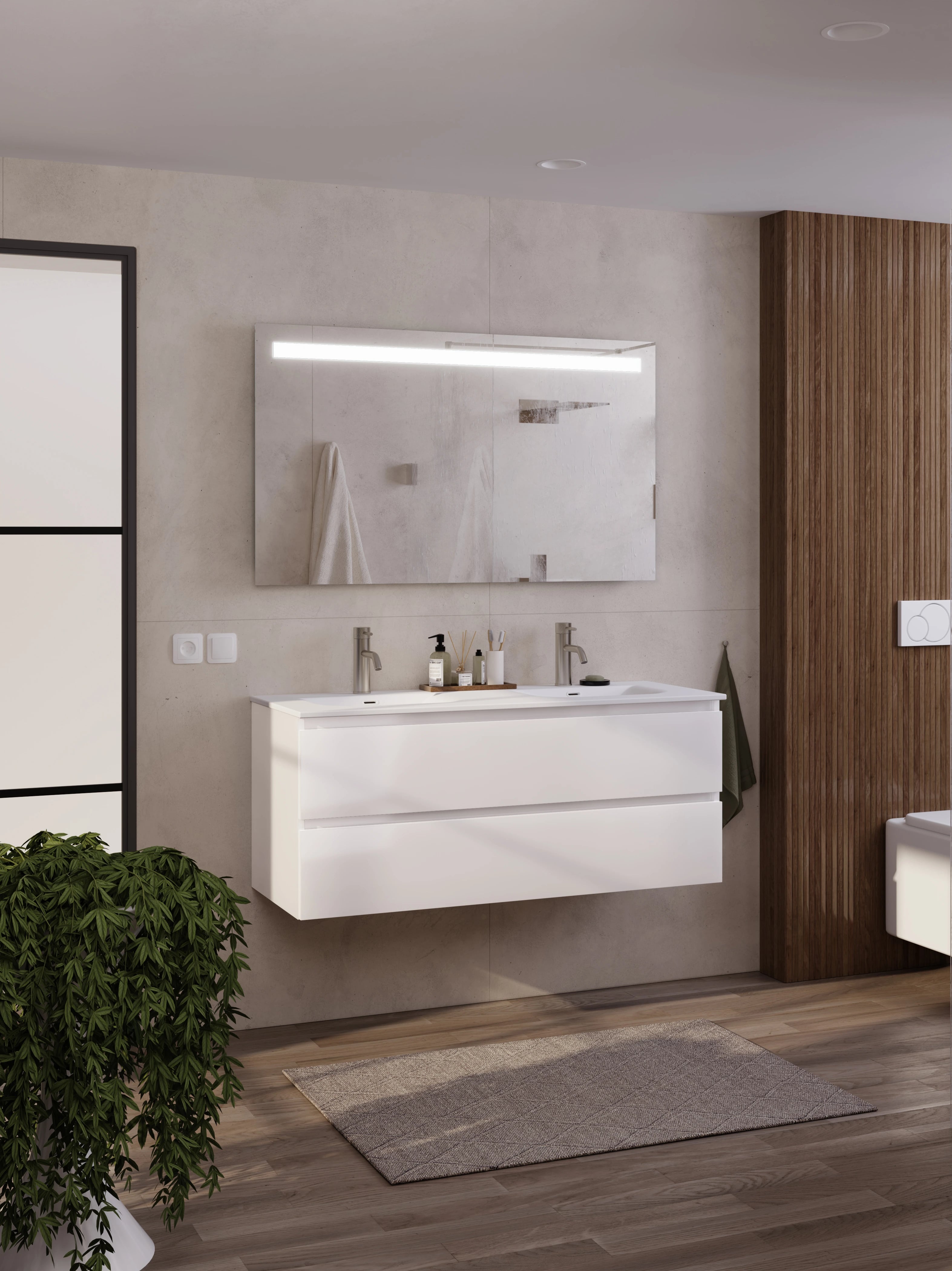 Breedte: 60, 80, 100, 120, 140, 160 cm · Diepte: 45 cm · Materialen: Keramiek, Mineraalmarmer, Beton, Solid Surface